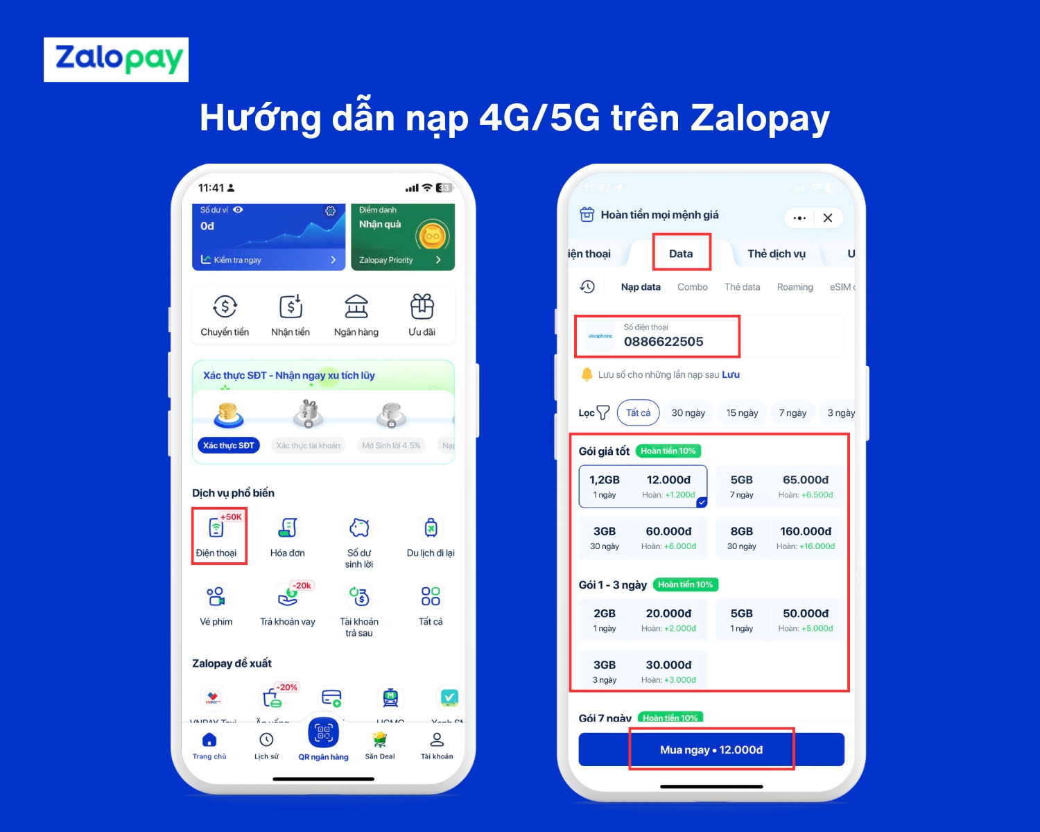 Nạp Data 4G/5G trên ứng dụng Zalopay