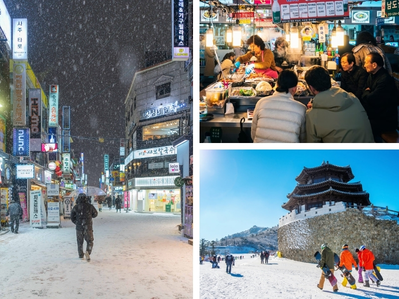 Mùa đông: trượt tuyết, chợ đêm Seoul
