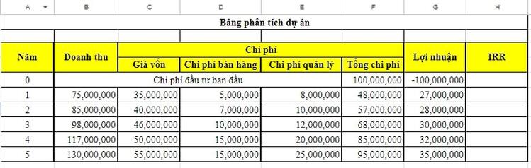 Cách tính chỉ số IRR trong Excel