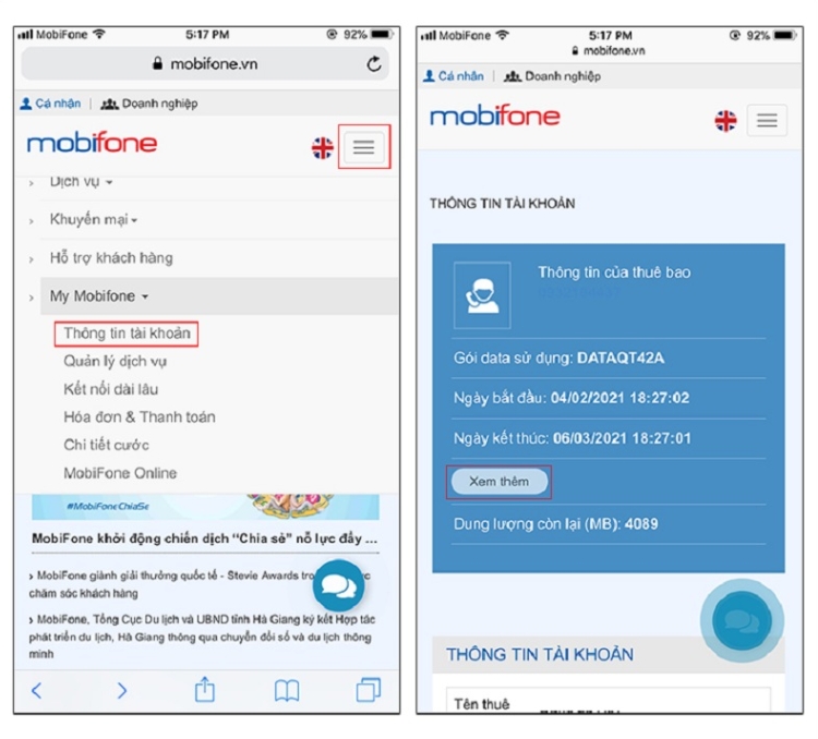 Kiểm tra data MobiFone qua website