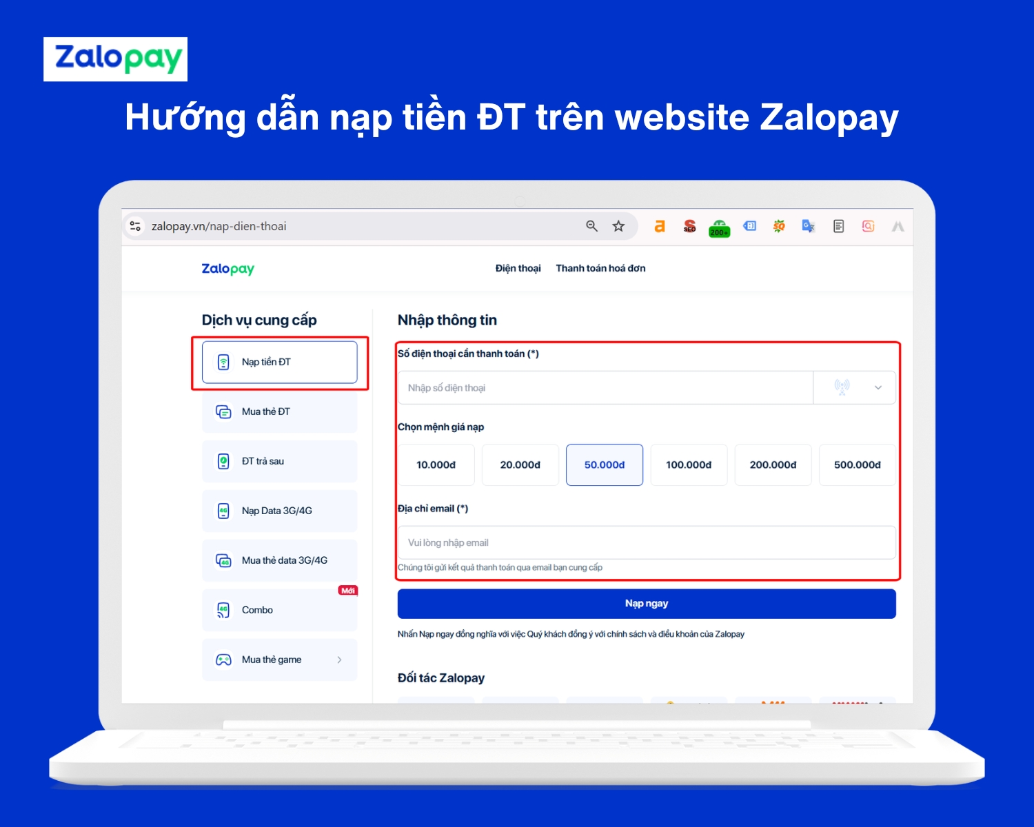 Hướng dẫn cách nạp tiền điện thoại thông qua website Zalopay