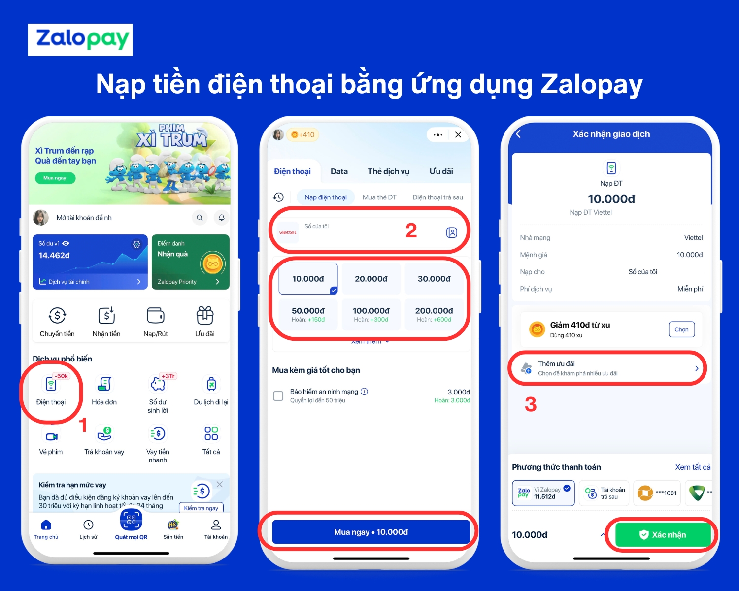 Nạp tiền điện thoại trên ứng dụng Zalopay