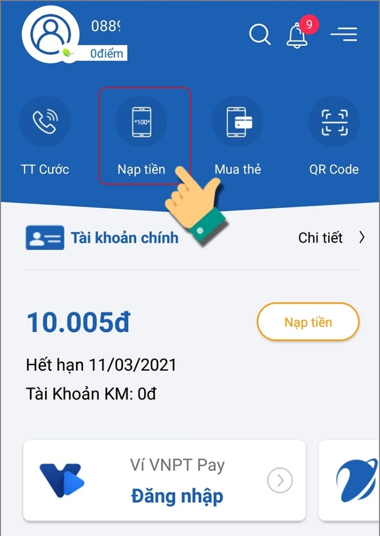 Mở ứng dụng VNPT, chọn “Nạp tiền”
