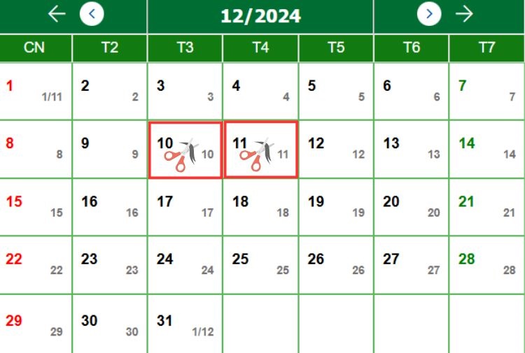 Lịch cắt tóc Tháng 12 tuần thứ 2