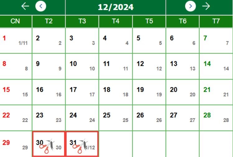Lịch cắt tóc Tháng 12 tuần thứ 5