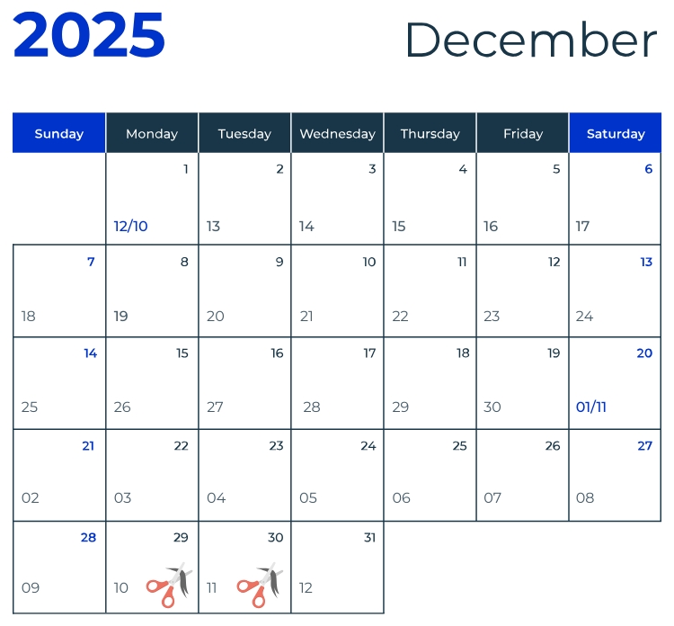 Lịch cắt tóc Tháng 12 tuần thứ 5