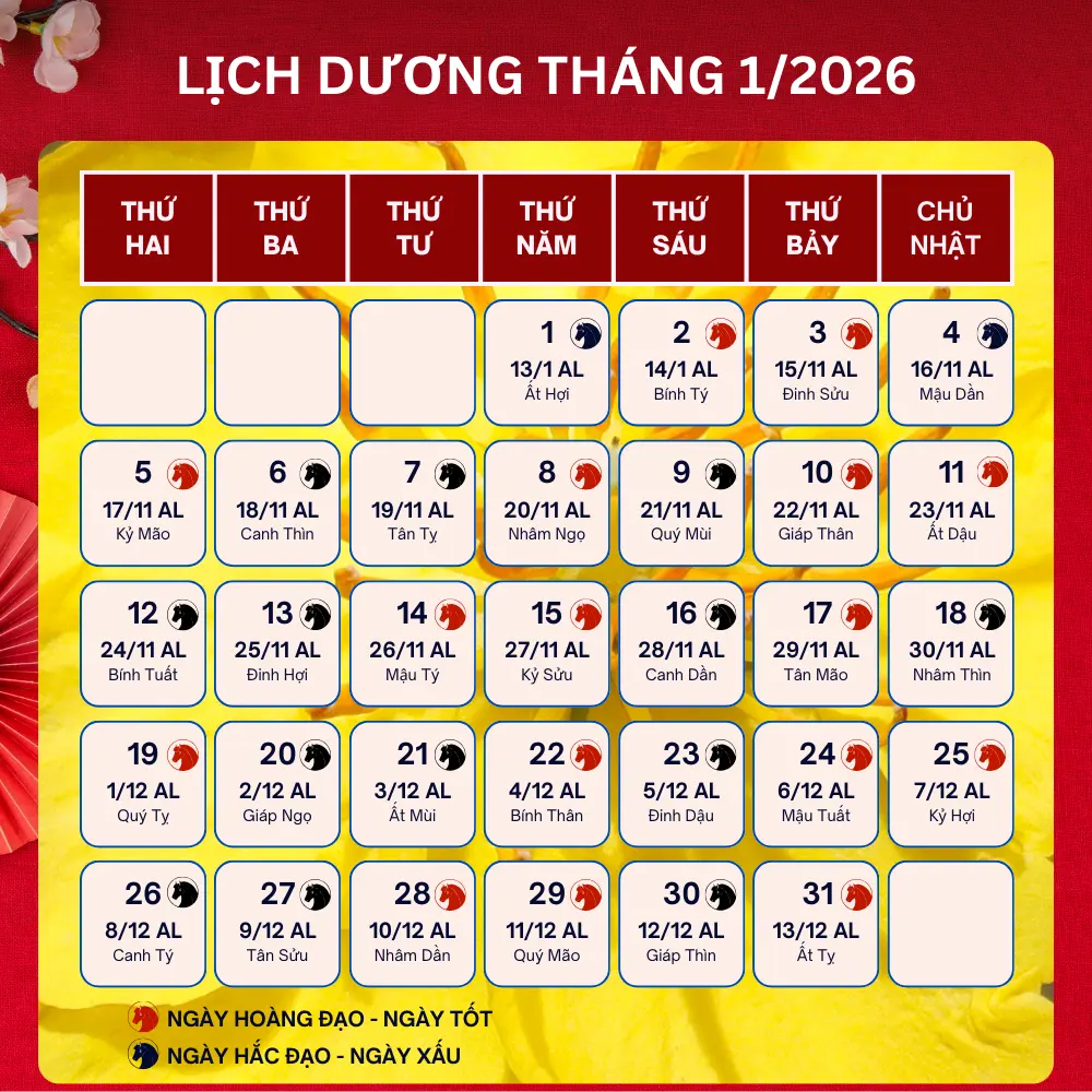 lịch ngày tốt tháng 1 năm 2026 hoàng đạo hắc đạo