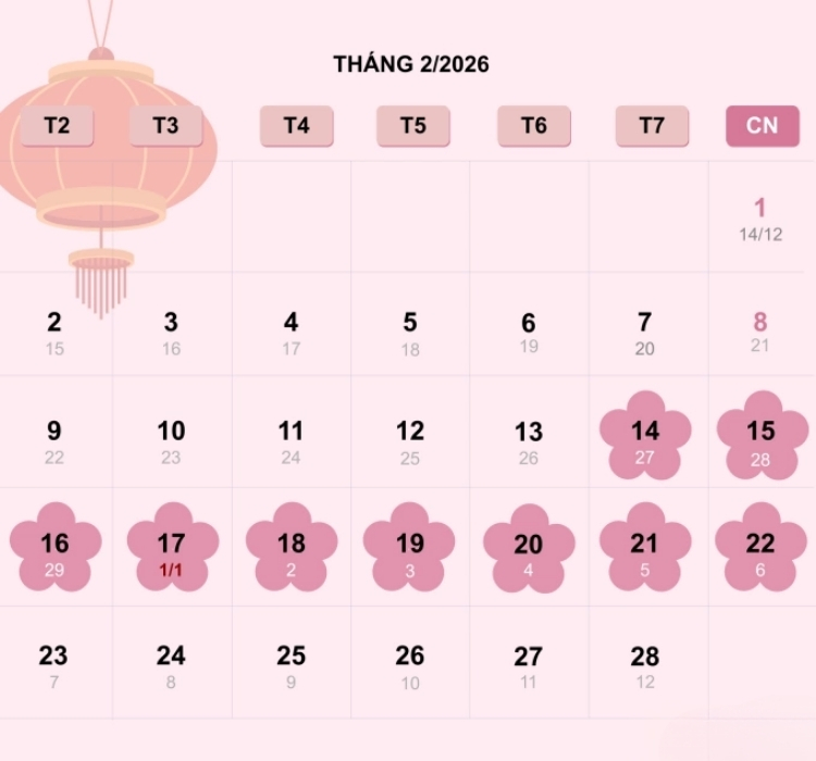 Lịch nghỉ Tết Nguyên đán Bính Ngọ 2026