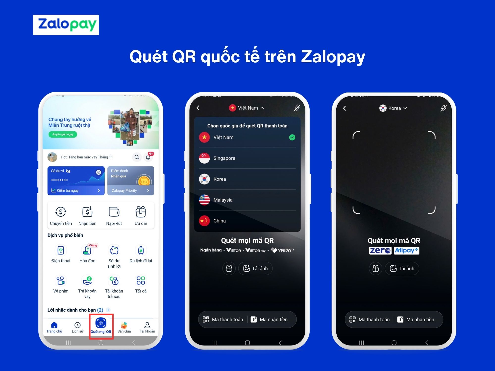 Dùng ứng dụng Zalopay để quét QR thanh toán trên quầy hàng