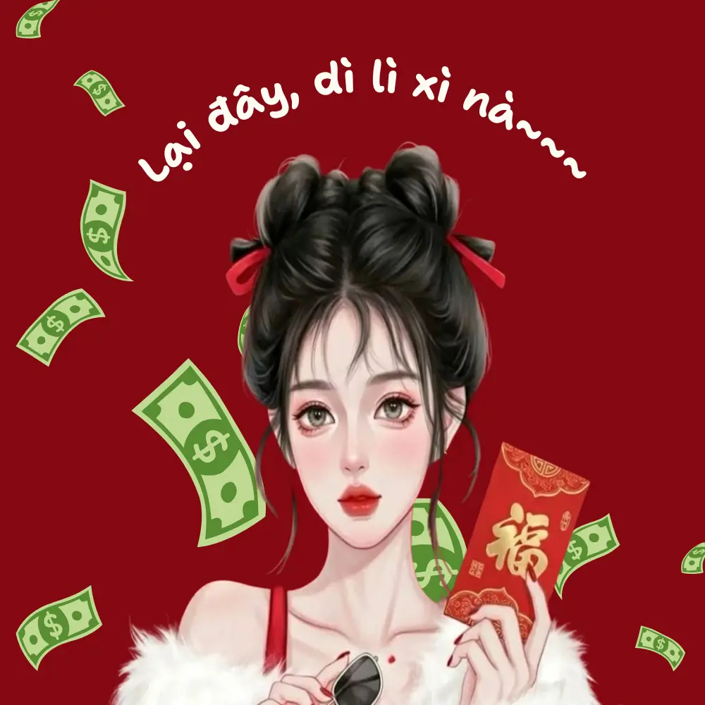 meme ảnh chế người dì xinh đẹp phát lì xì cho các cháu