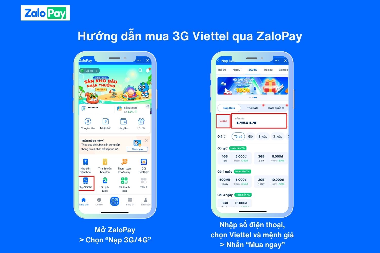 Hướng dẫn cách nạp 3G Viettel qua ZaloPay