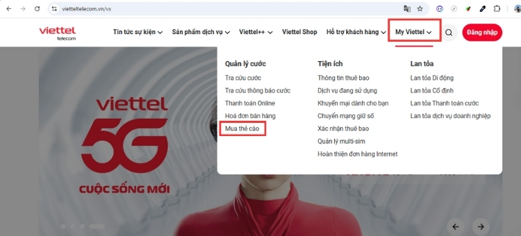 Mua thẻ cào điện thoại Viettel qua My Viettel 