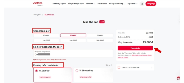 Mua thẻ cào điện thoại Viettel qua My Viettel 