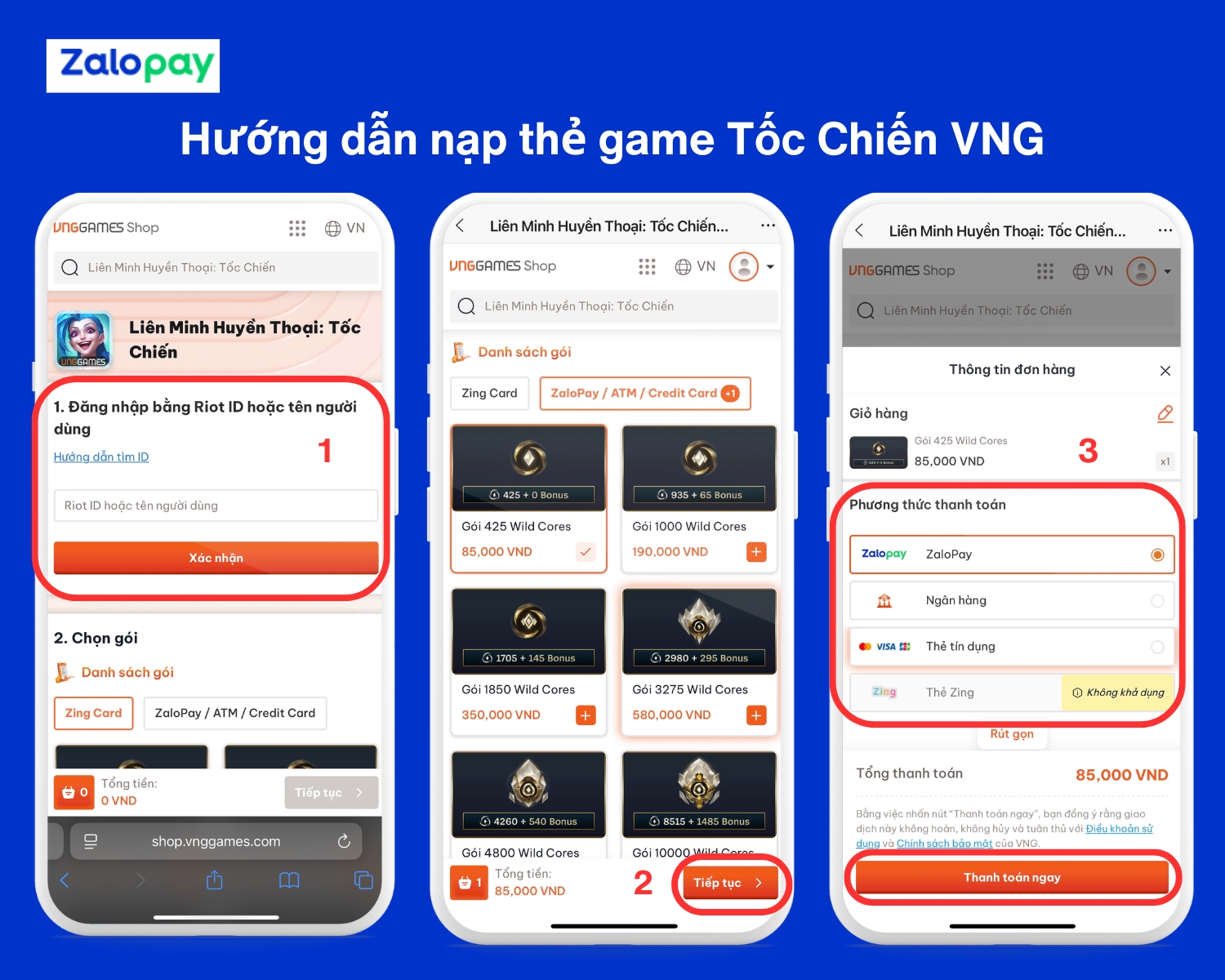 Cách nạp thẻ Tốc Chiến Mobile qua cổng nạp Zing Pay của VNG