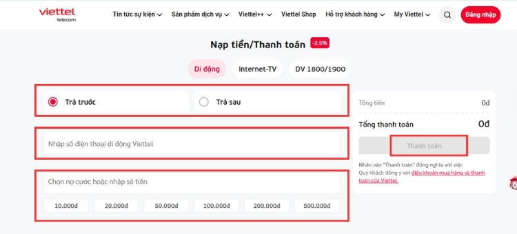Nạp tiền điện thoại Viettel cho người khác qua Viettel Telecom