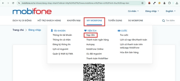 Nạp tiền điện thoại MobiFone cho người khác qua My MobiFone
