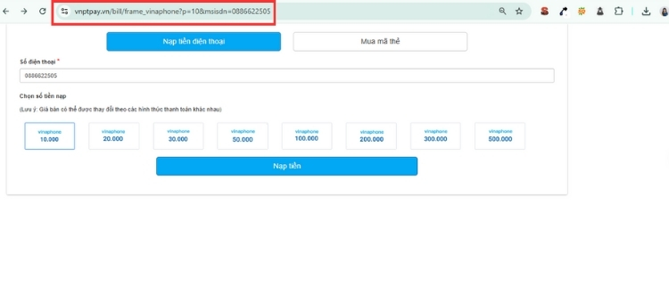 Nạp tiền điện thoại VinaPhone cho người khác qua VNPTPAY