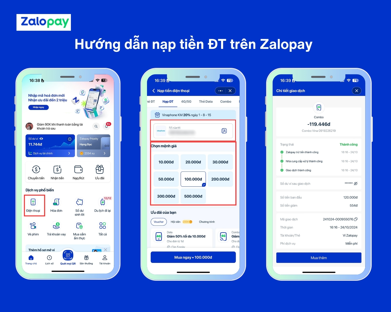 Nạp tiền điện thoại cho thuê bao khác qua Zalopay