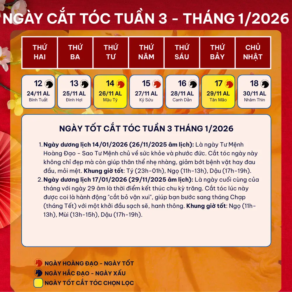 lịch cắt tóc từa tuần thứ 3 tháng 1 năm 2026