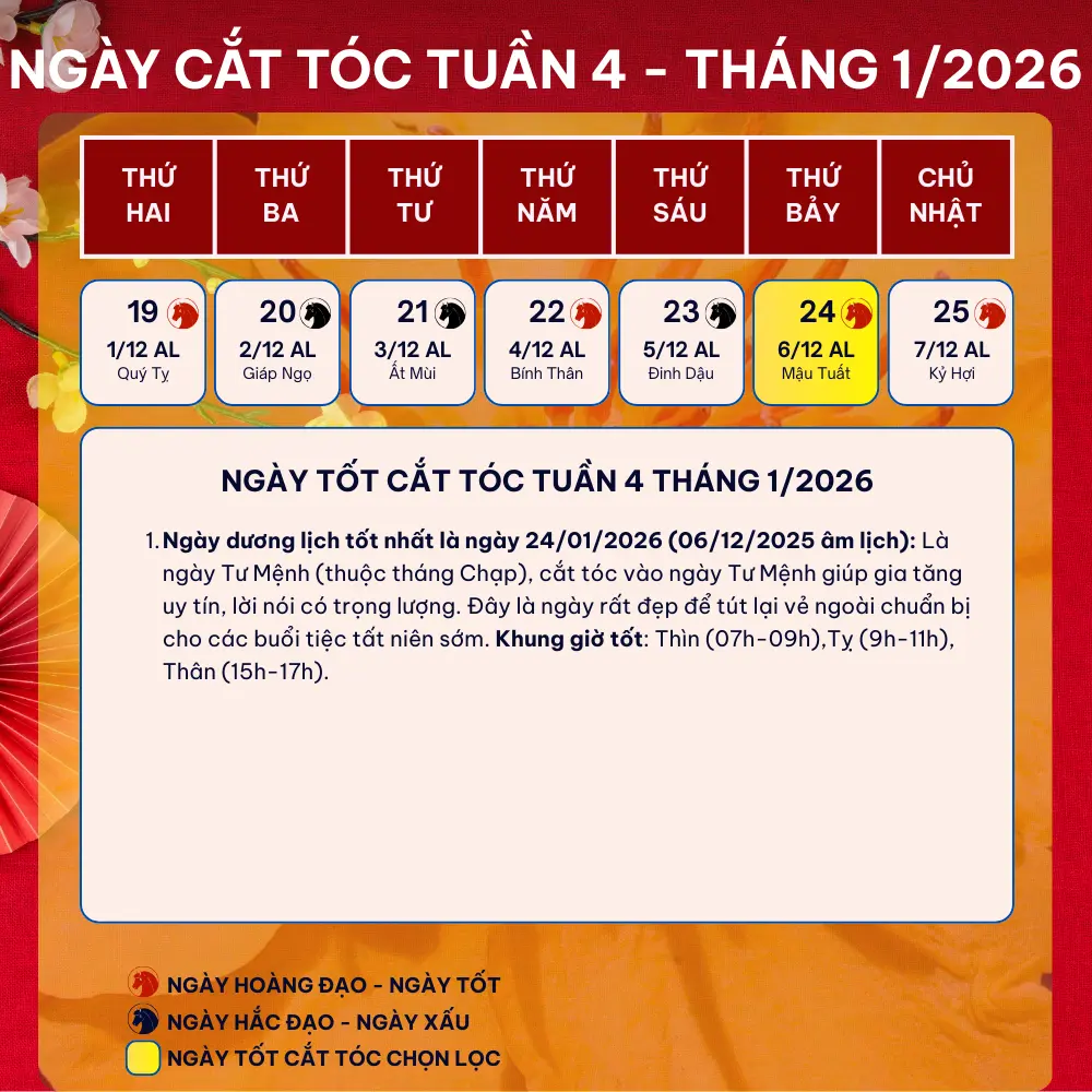 ngày cắt tóc tốt nhất tuần 4 tháng 1 năm 2026