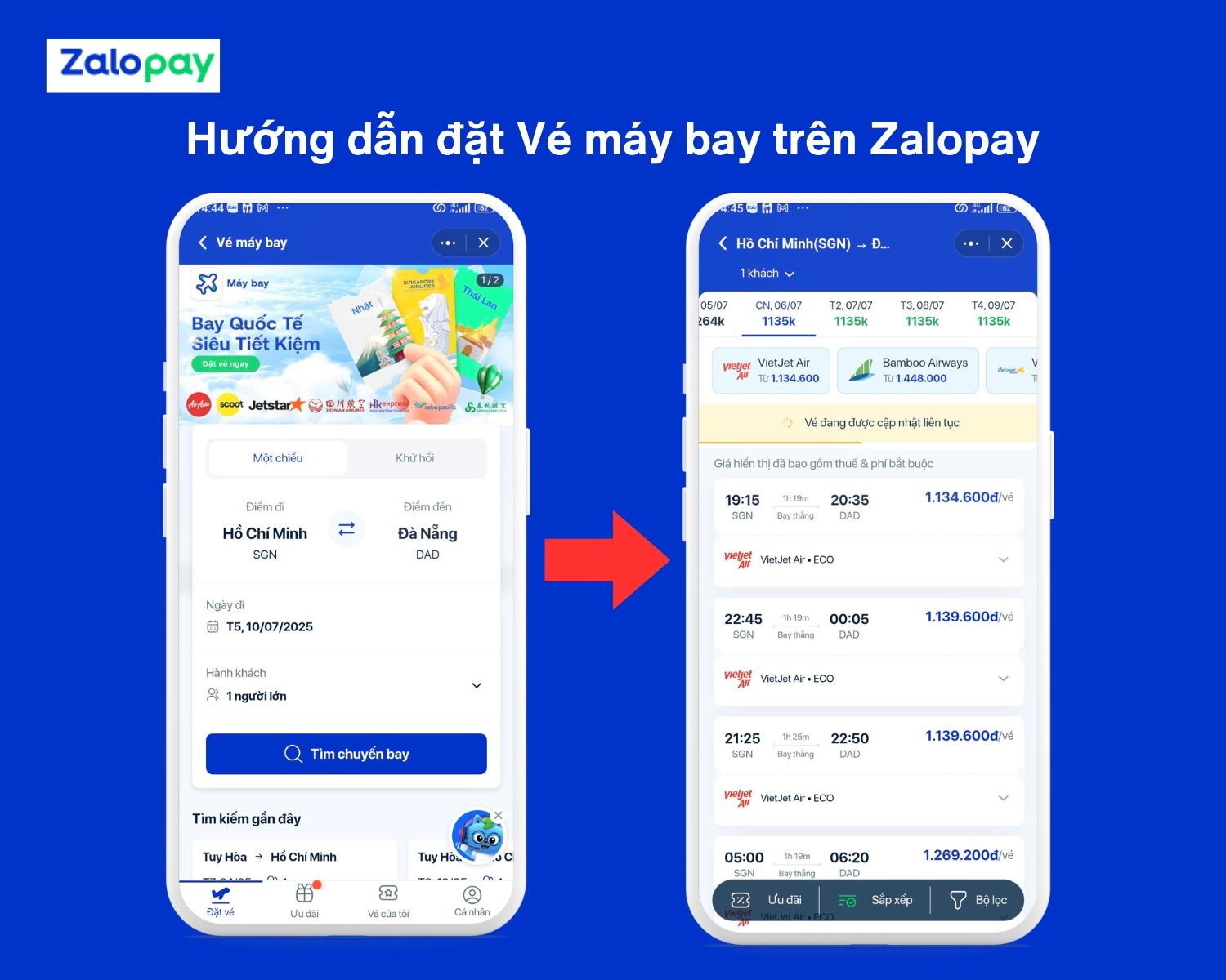 Hướng dẫn đặt Vé máy bay qua Zalopay