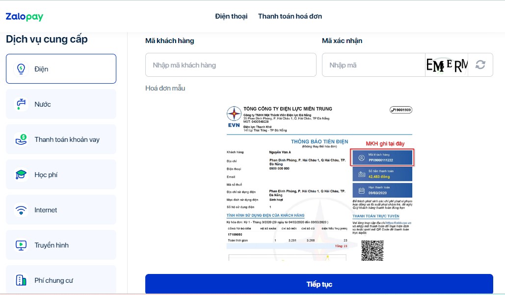 Thanh toán hóa đơn tiền điện EVN