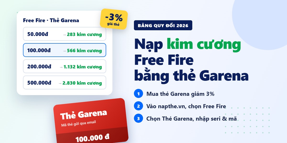 Nạp kim cương Free Fire bằng thẻ Garena: bảng quy đổi 2026