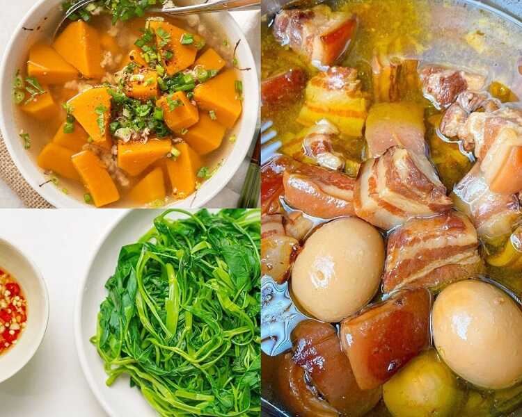 Thịt kho trứng, canh và rau luộc