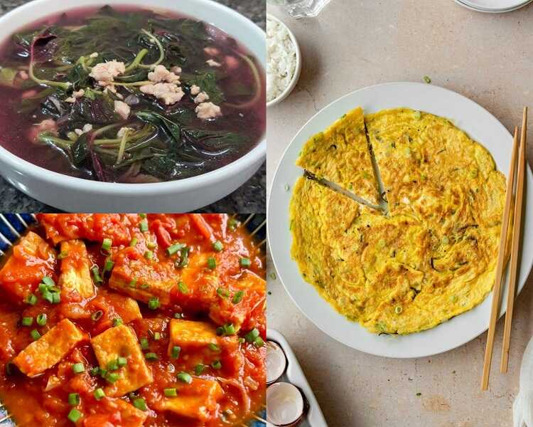 Đậu phụ sốt cà chua, canh rau dền, trứng chiên