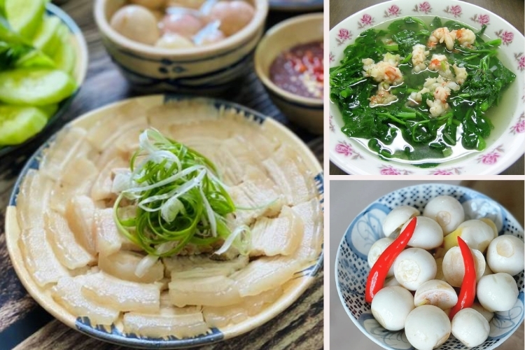 Thịt luộc, cà pháo, canh mồng tơi
