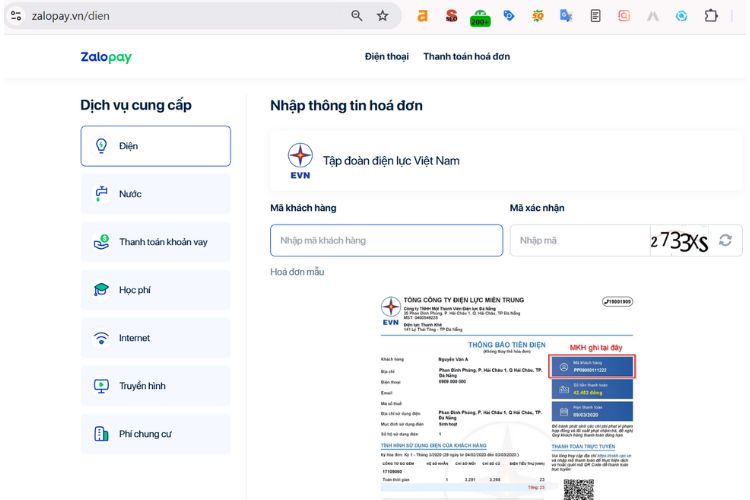 Tra cứu hóa đơn tiền điện trên website Zalopay