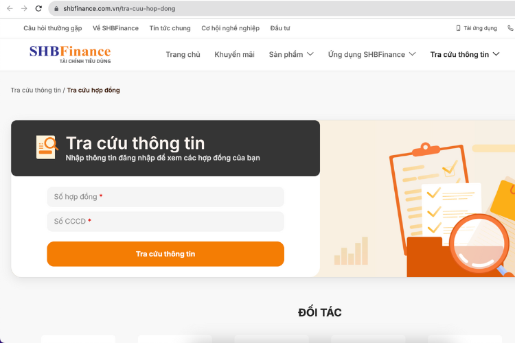 Tra cứu hợp đồng trên website của SHB.
