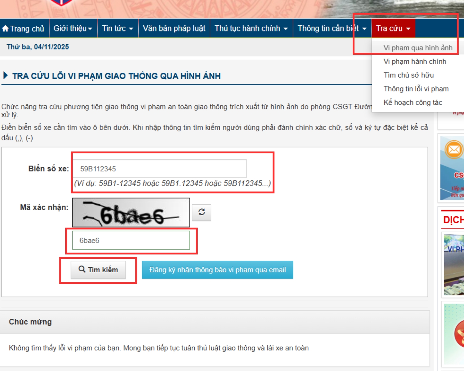 Tra cứu qua Cổng thông tin điện tử phòng Cảnh sát giao thông TPHCM