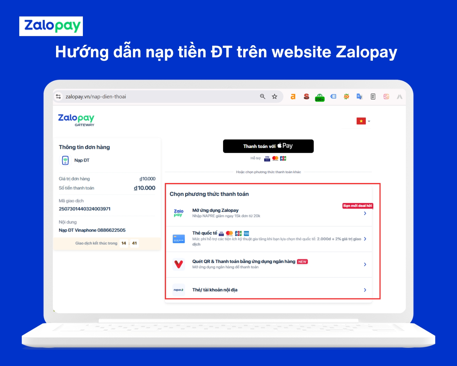 nạp tiền điện thoại thông qua website Zalopay