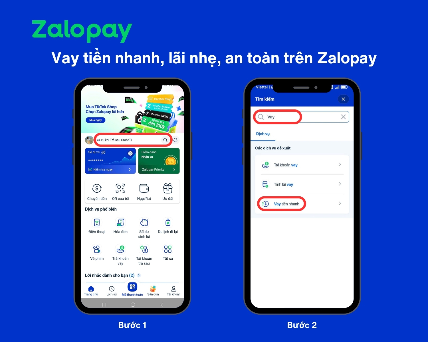 Màn hình app Zalopay: tìm Vay và chọn Vay tiền nhanh