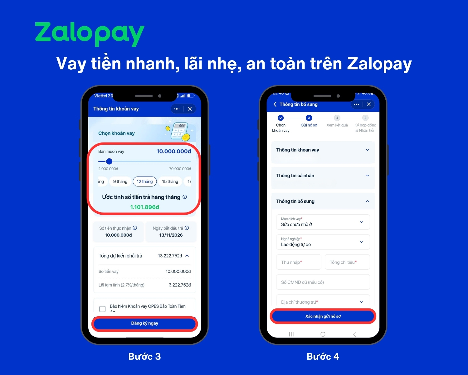 Màn hình chọn khoản vay, kỳ hạn và ước tính số tiền trả hàng tháng trên Zalopay
