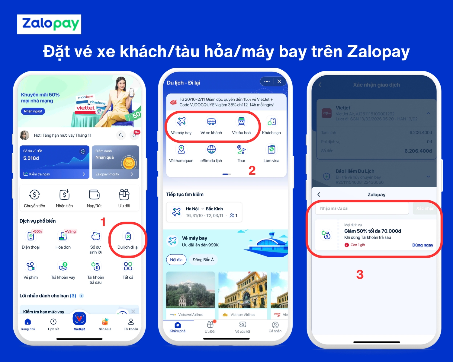 Các bước đặt vé xe khách, vé tàu, vé máy bay trên Zalopay